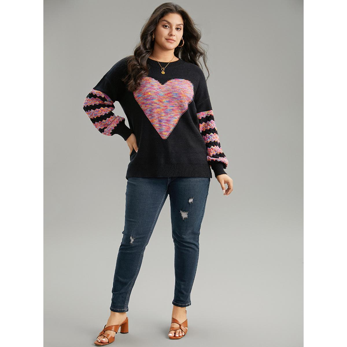 Plus Size Heart Heather Patchwork Crew Neck Pullover Black Women Casual Loose Long Sleeve Round Neck Everyday Pullovers BloomChic 12/L Product Image
