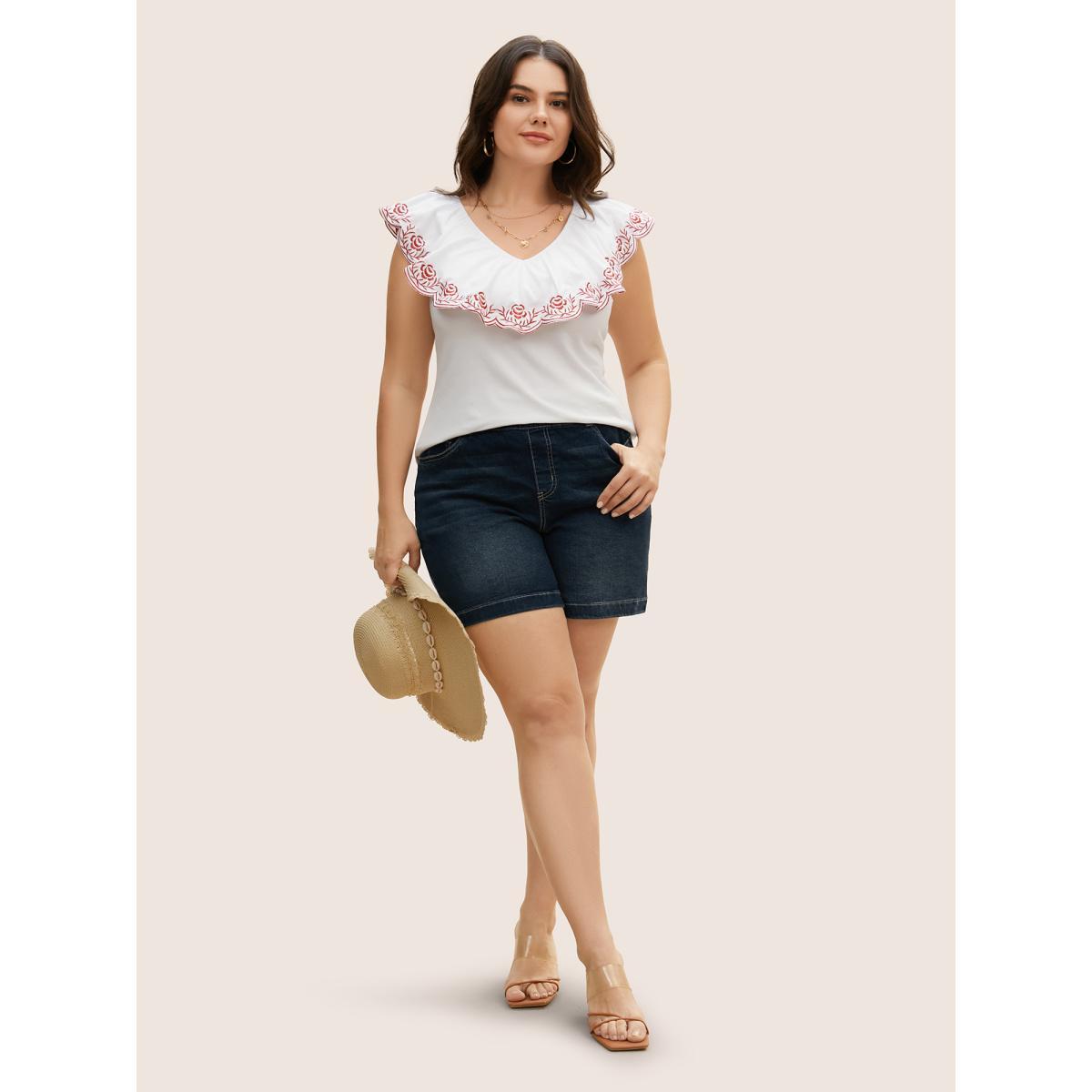 Plus Size Bandana Floral Embroidered Ruffle Trim Tank Top Women Originalwhite Resort Contrast V-neck Vacation Tank Tops Camis BloomChic 10/M Product Image