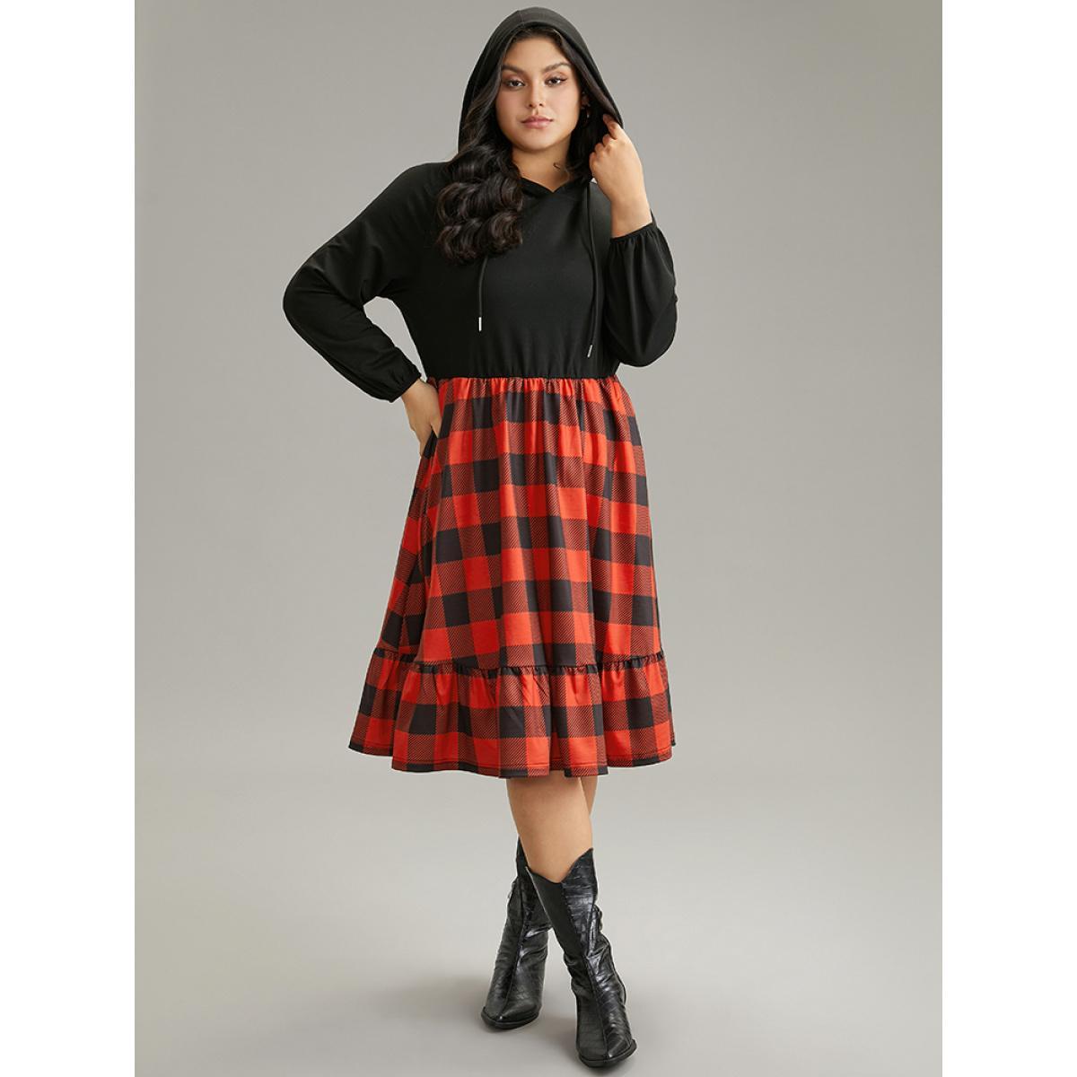 Plus Size Plaid Patchwork Ruffle Hem Hooded Lantern Sleeve Dress Black Women Casual Elastic cuffs Hooded Long Sleeve Curvy Midi Dress BloomChic 30/6X Product Image