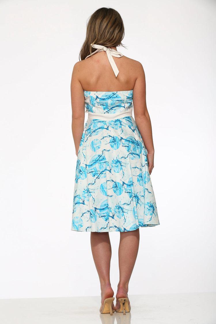 White & Blue Floral Halter Dress Product Image