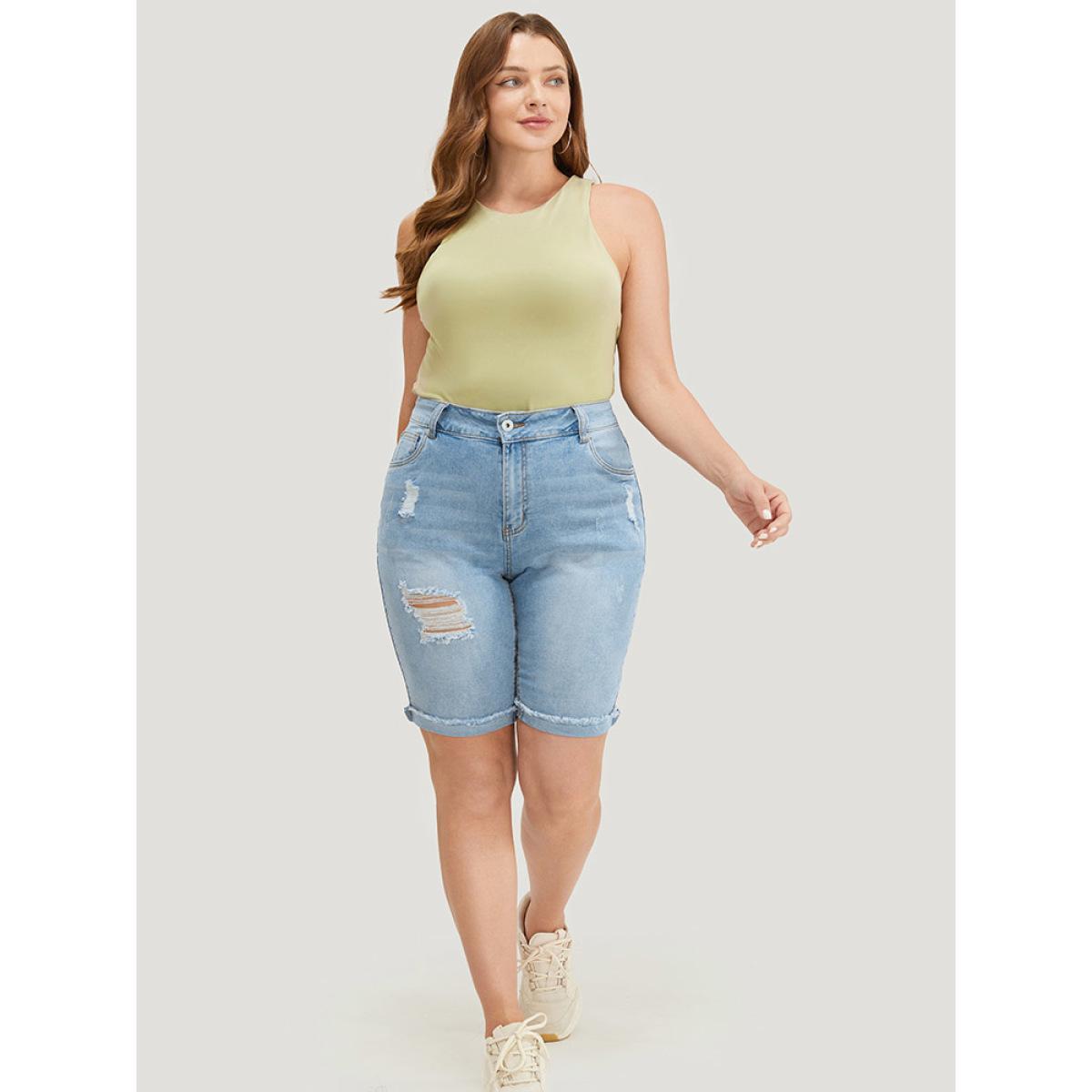 Plus Size Moderately Stretchy High Rise Light Wash Distressed Denim Shorts Women LightBlue Casual Plain Medium stretch Pocket Jeans BloomChic 16/1X Product Image
