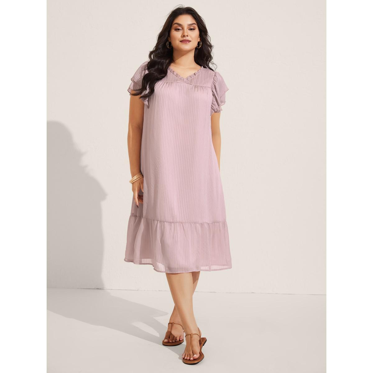 Plus Size Sheer Textured Layered Ruffled Sleeve Midi Dress Nudepink Women V-neck Cap Sleeve Curvy BloomChic 10/M Product Image