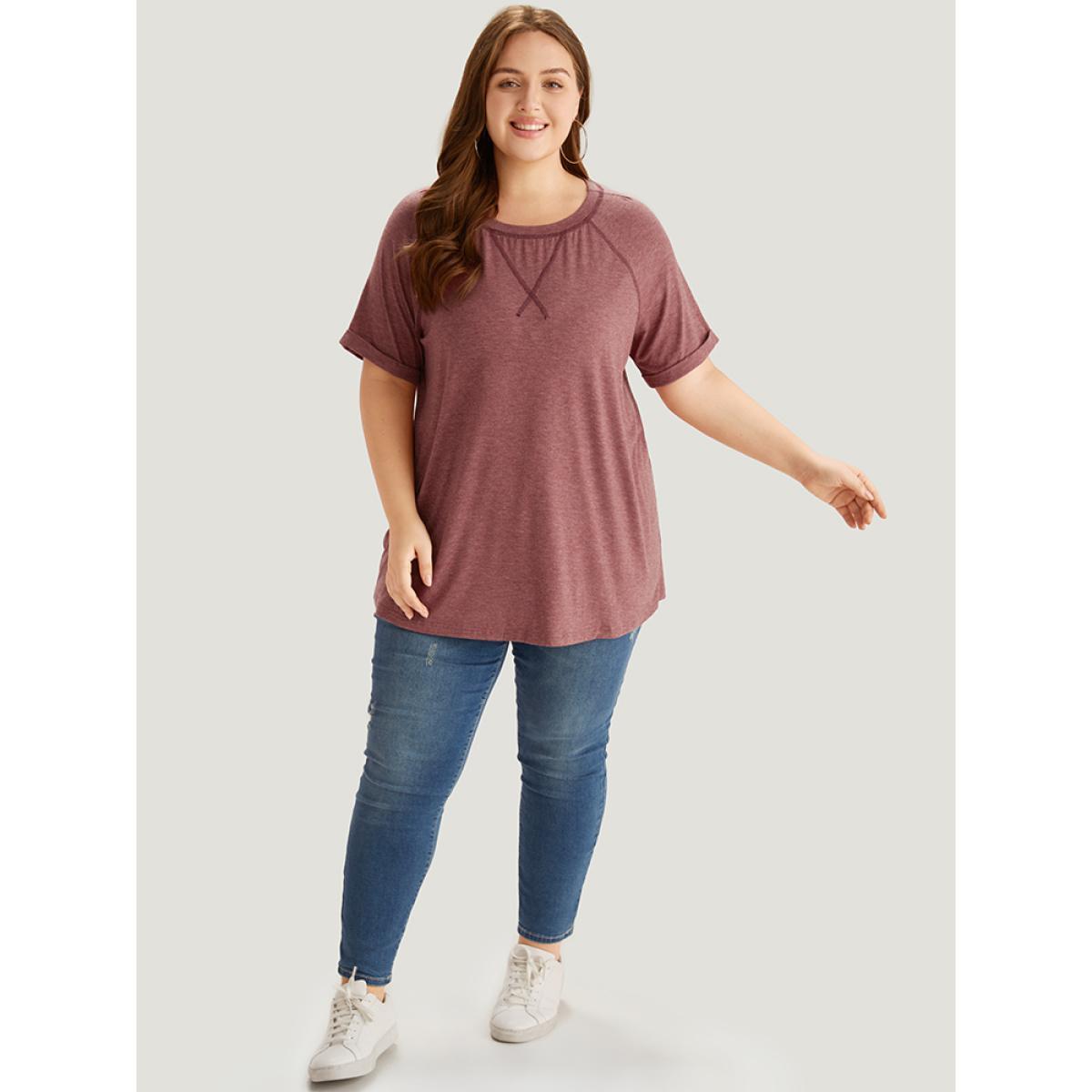 Plus Size Plain Crew Neck Stitch Roll Sleeve T-shirt Rust Women Casual Plain Plain Round Neck Dailywear T-shirts BloomChic 12/L Product Image