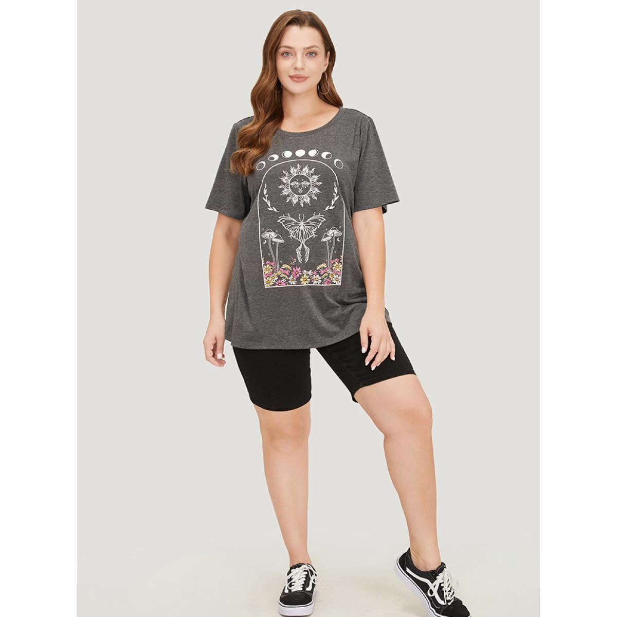 Plus Size Butterfly & Moon Print Heather Graphic T-shirt DimGray Women Casual Heather Star and moon Dailywear T-shirts BloomChic 14-16/1X Product Image