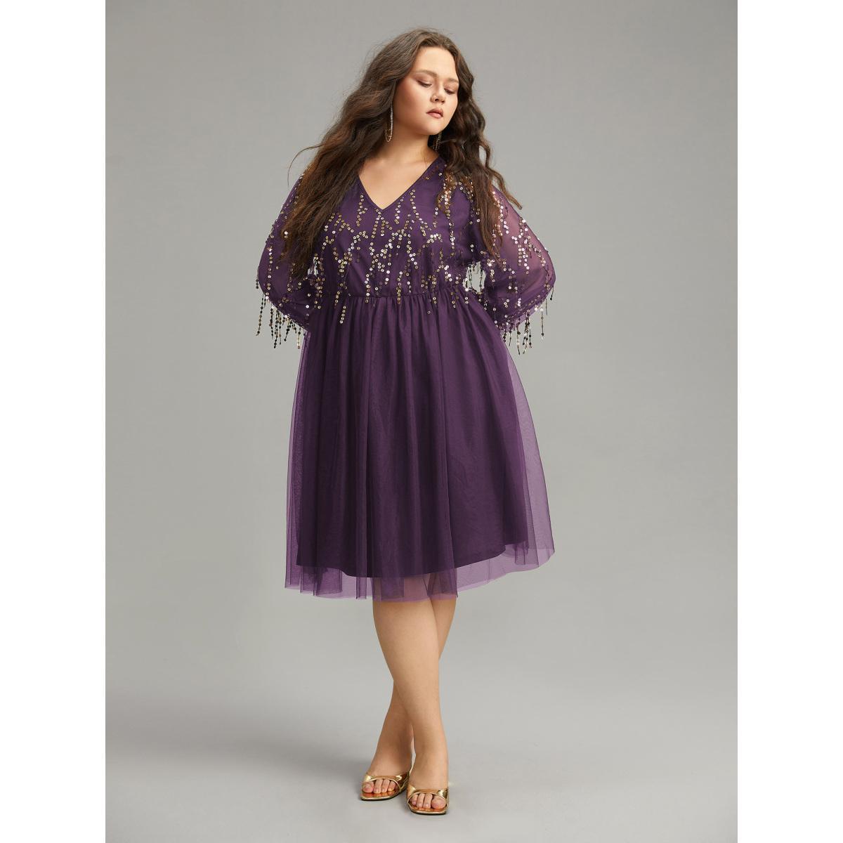 Plus Size Sequin Mesh Patchwork Tassel Dress DarkBlue Women Cocktail Gathered Overlap Collar Long Sleeve Curvy Knee Dress BloomChic 18-20/2X Product Image