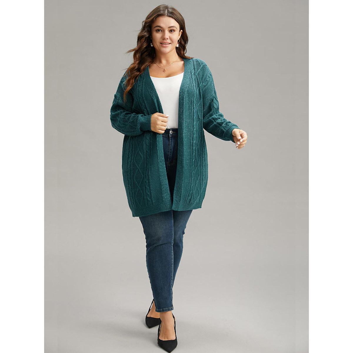Plus Size Plain Cable Knit Luxe Open Front Cardigan Cyan Women Casual Loose Long Sleeve Dailywear Cardigans BloomChic 26/4X Product Image