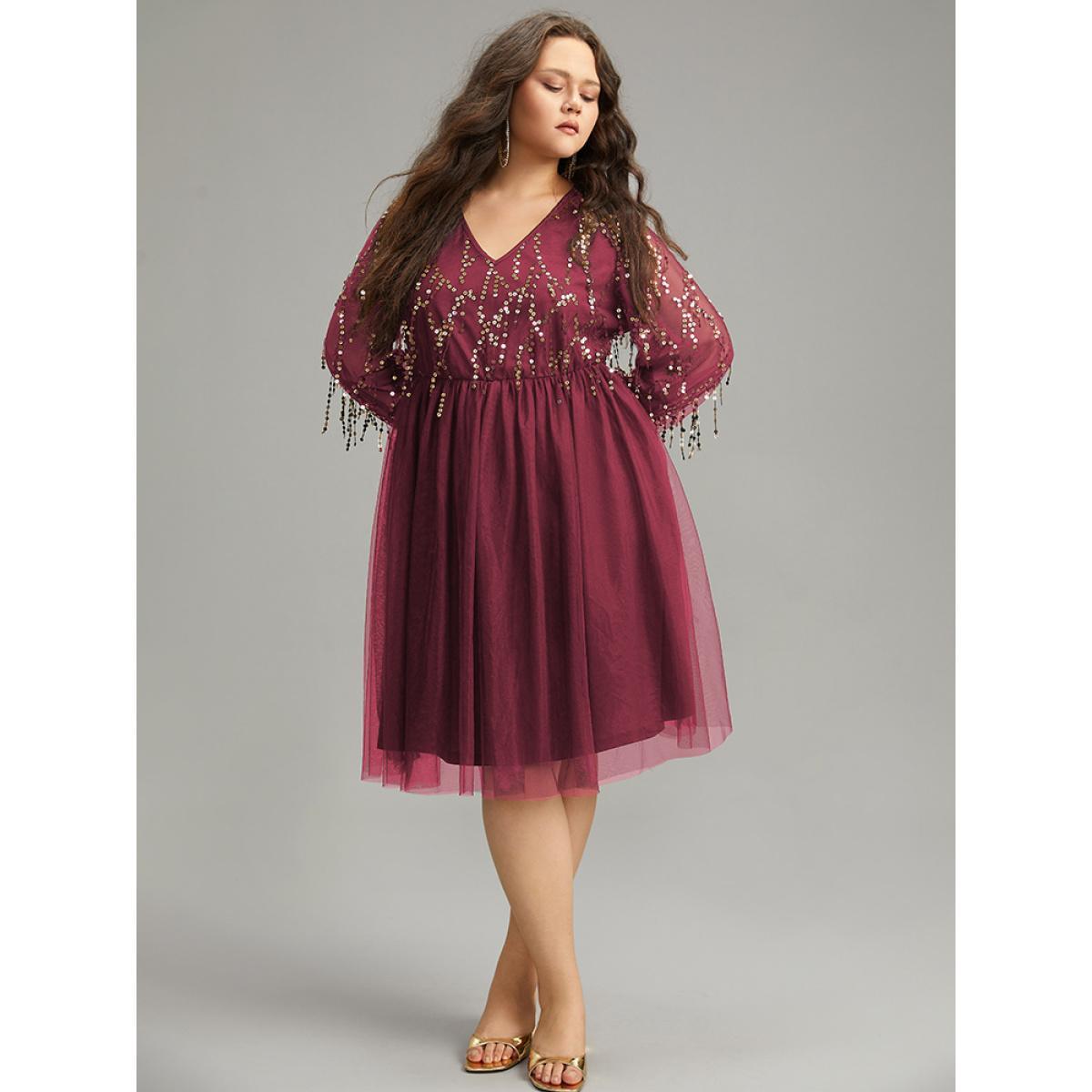 Plus Size Sequin Mesh Patchwork Tassel Dress Scarlet Women Cocktail Gathered Overlap Collar Long Sleeve Curvy Knee Dress BloomChic 18-20/2X Product Image