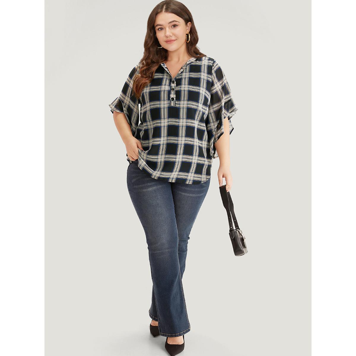 Plus Size Black Plaid Button Up Ruffles Bell Sleeve Blouse Women Office Half Sleeve Shirt collar Work Blouses BloomChic 26/4X Product Image