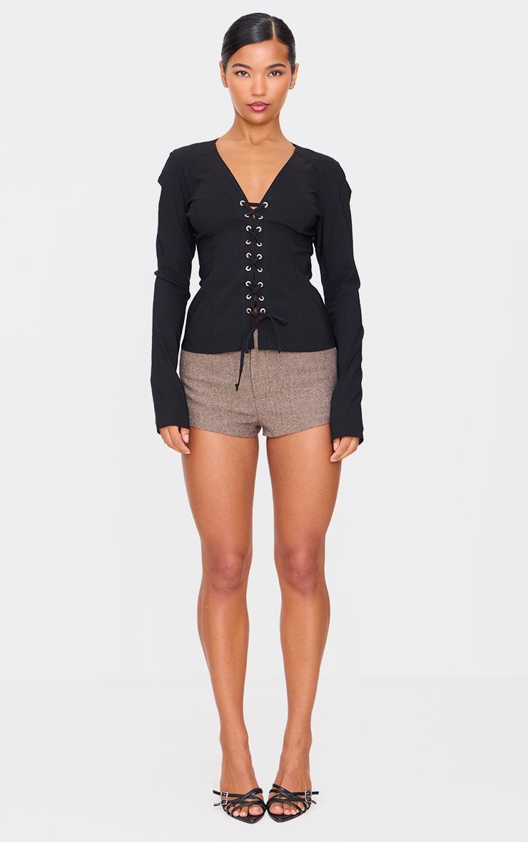 Black Stretch Woven Tie Front Fitted Shirt Product Image