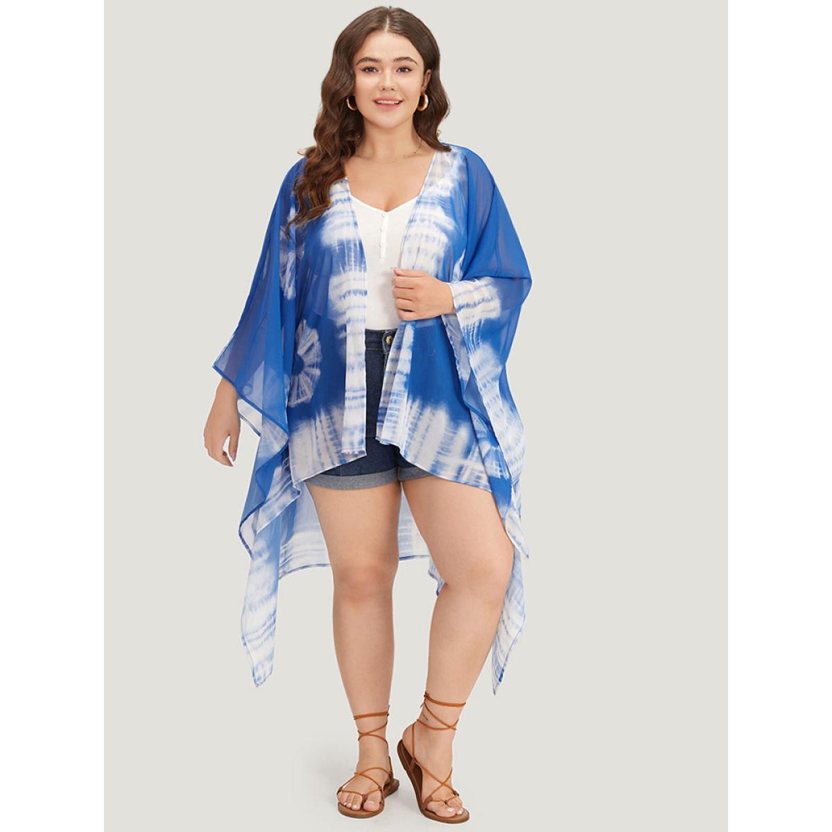 Plus Size UltraCool Tie Dye Asymmetrical Hem Open Front Kimono Women DarkBlue Casual Drape Loose Dailywear Kimonos BloomChic 28/5X Product Image