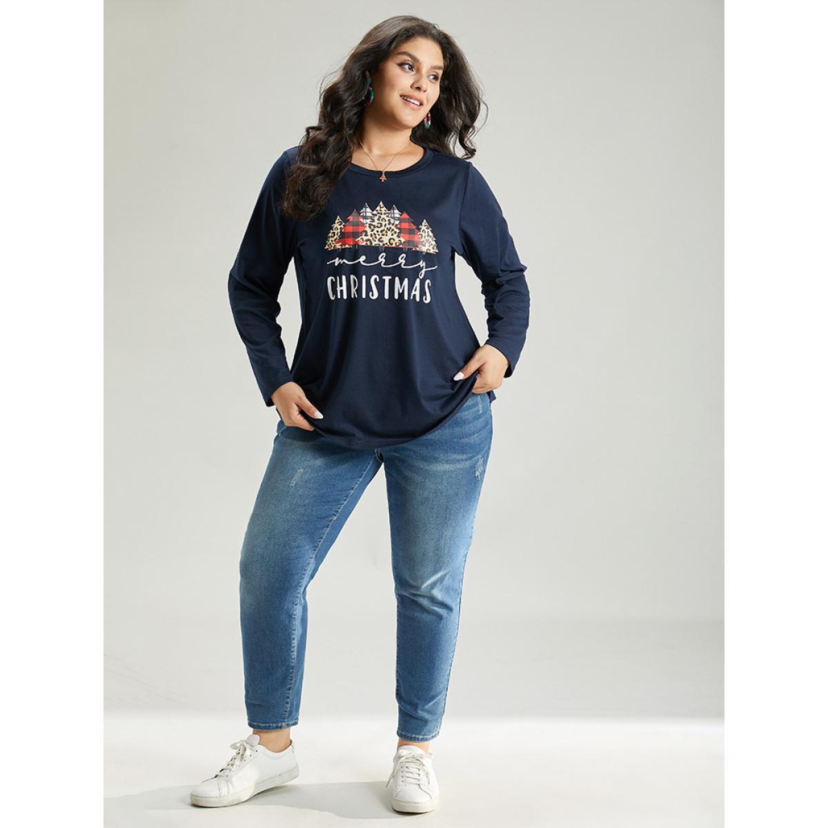 Plus Size Christmas Trees Letter Print Round Neck T-shirt Indigo Women Casual Printed Christmas Festival-Christmas T-shirts BloomChic 12/L Product Image