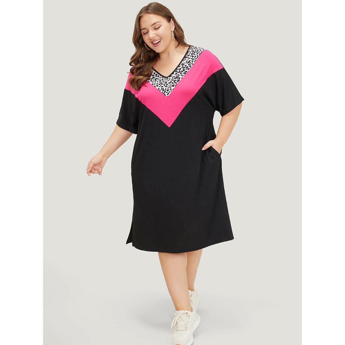 Plus Size Supersoft Essentials Leopard Contrast Batwing Sleeve Pocket Split Hem Dress Black Women Casual Plain V-neck Half Sleeve Curvy Midi Dress BloomChic 22-24/3X Product Image