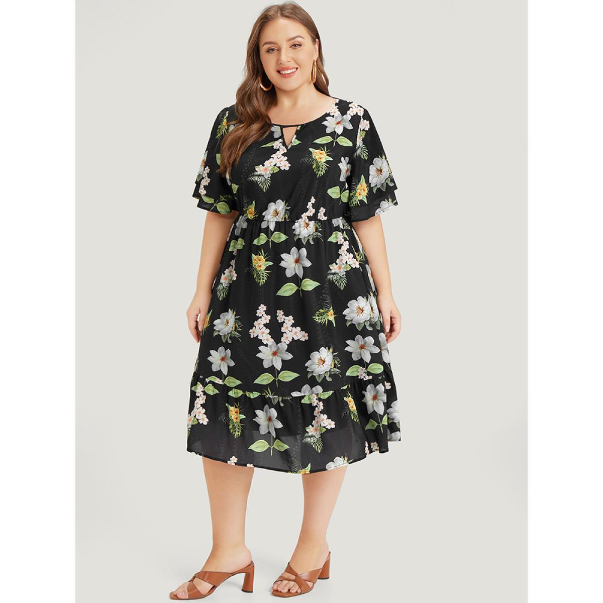 Plus Size Floral Print Ruffle Pocket Keyhole Round Neck Dress BlackFlower Women Elegant Keyhole V-neck Short sleeve Curvy Midi Dress BloomChic 22-24/3X Product Image