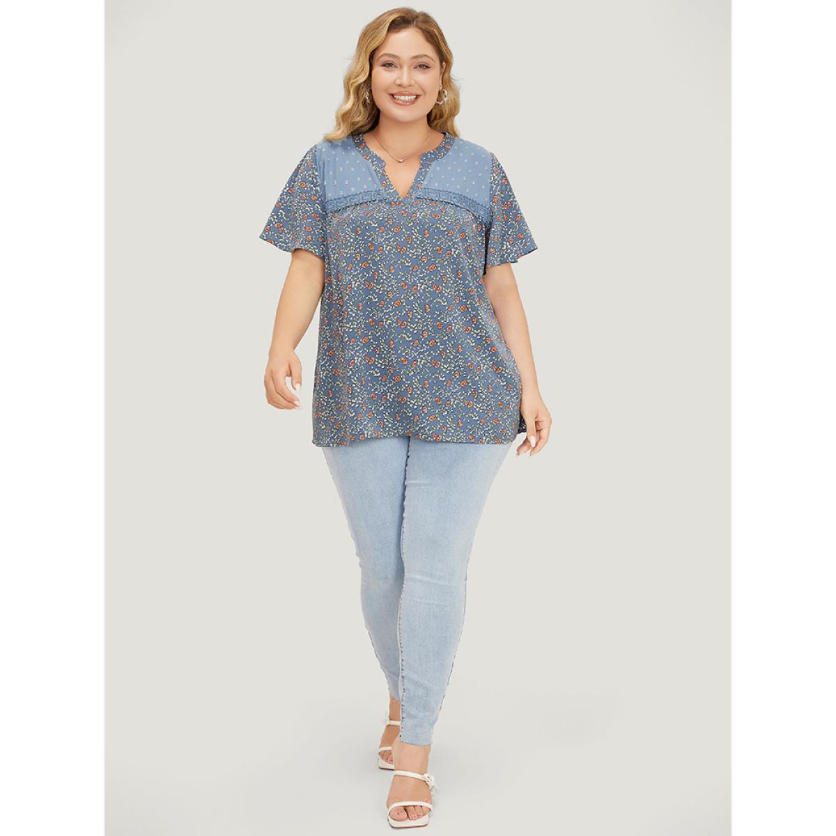 Plus Size Stone Ditsy Floral & Polka Dot Lace Notched Neck Blouse Women Elegant Short sleeve Notched collar Dailywear Blouses BloomChic 14-16/1X Product Image