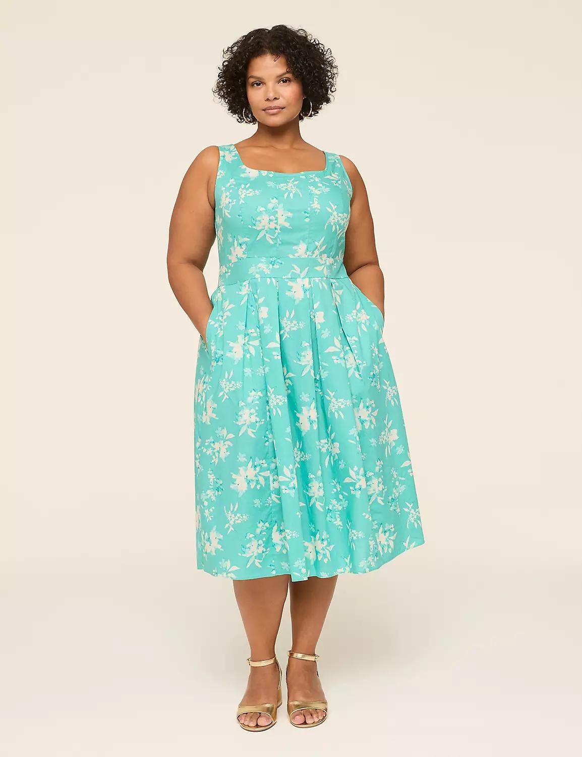 Square-Neck Pleated Midi Dress Product Image