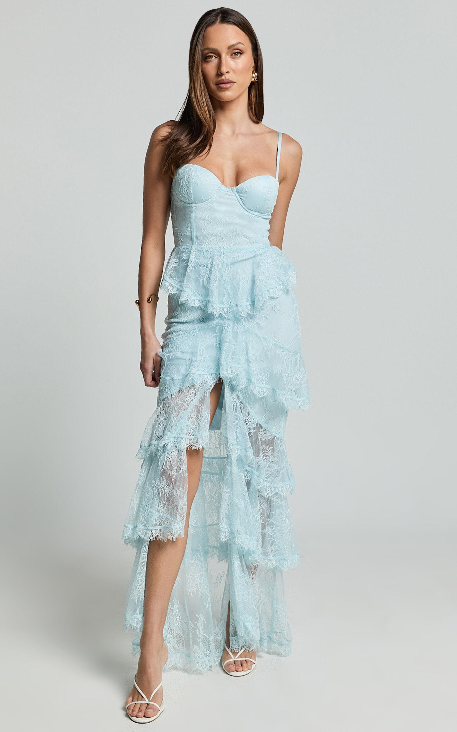 Merrick Maxi Dress - Sweetheart Corset Front Tiered Maxi Dress in Ice Blue Product Image