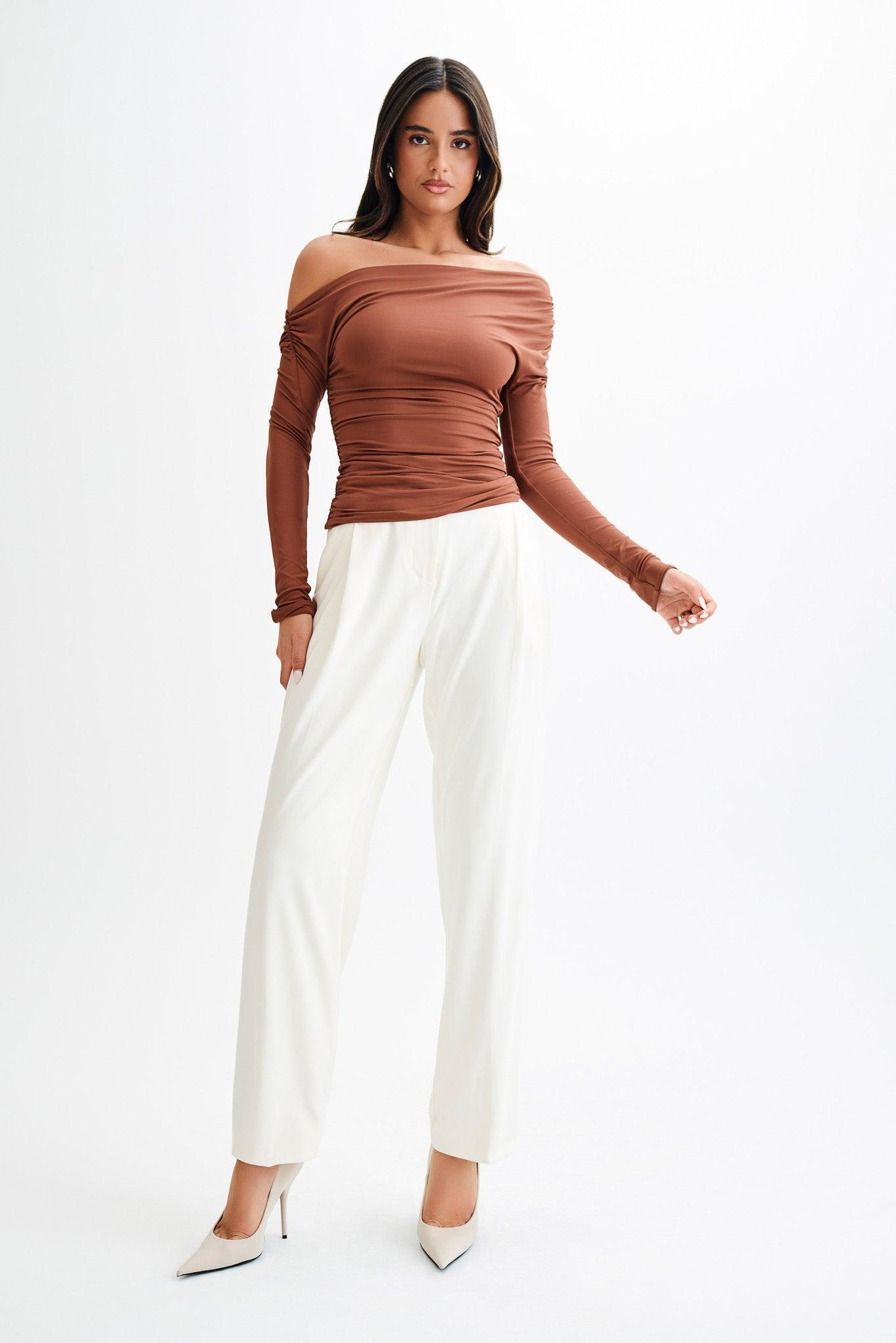 Alayna Long Sleeve Recycled Nylon Ruched Top - Wood Product Image