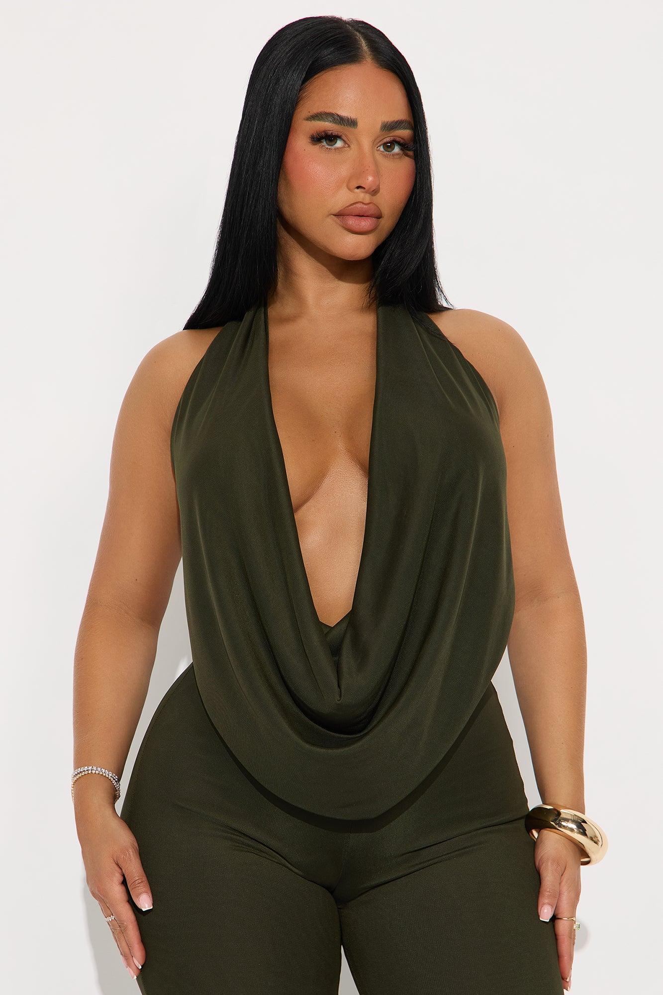 Shayna Cowl Halter Mesh Pant Set - Olive Product Image