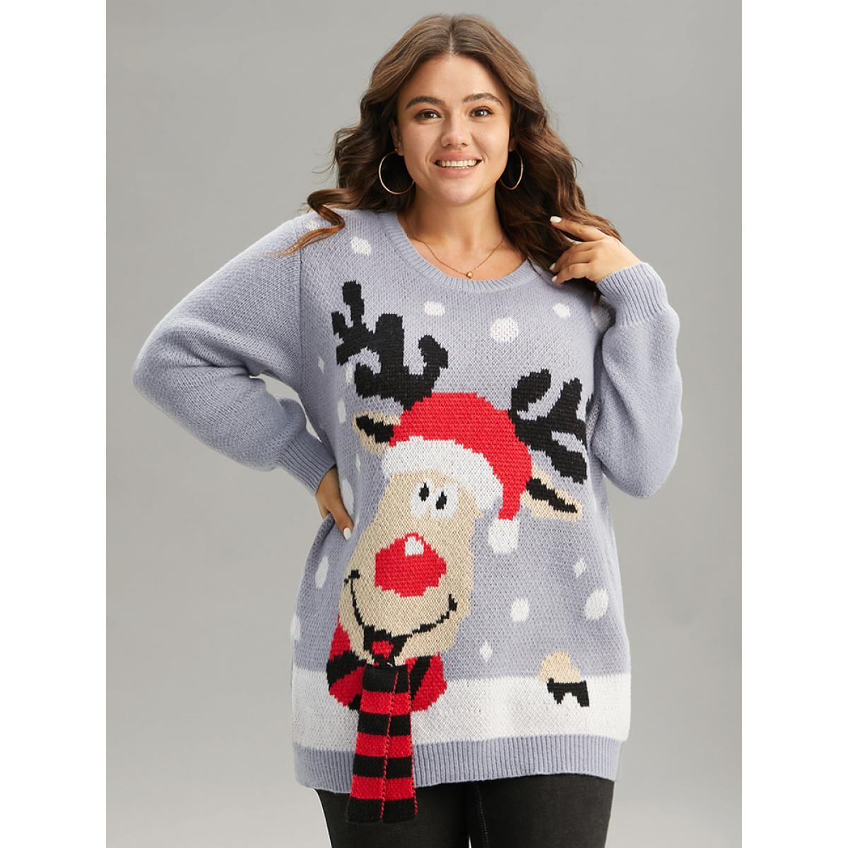 Plus Size Christmas Elk Crew Neck Elastic Cuffs Pullover DarkGray Women Casual Loose Long Sleeve Round Neck Festival-Christmas Pullovers BloomChic 30/6X Product Image