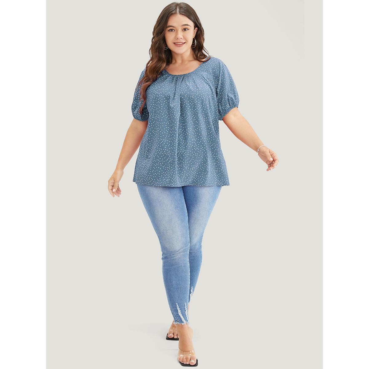 Plus Size Stone Polka Dot Pleated Round Neck Puff Sleeve Blouse Women Office Short sleeve Round Neck Work Blouses BloomChic 30/6X Product Image
