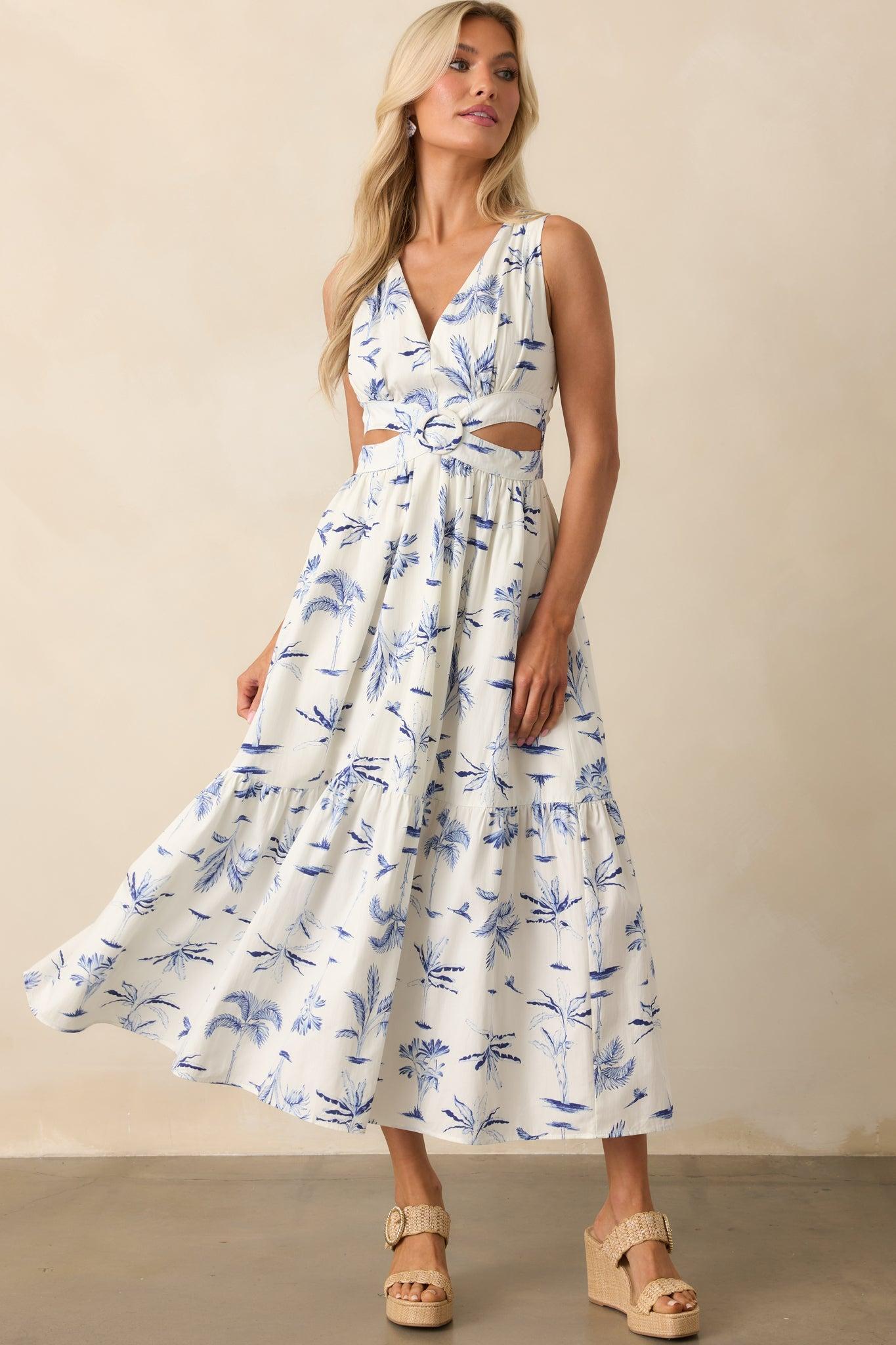 Callie Blue Palm Tree Print Cotton Cut-Out Maxi Dress Product Image