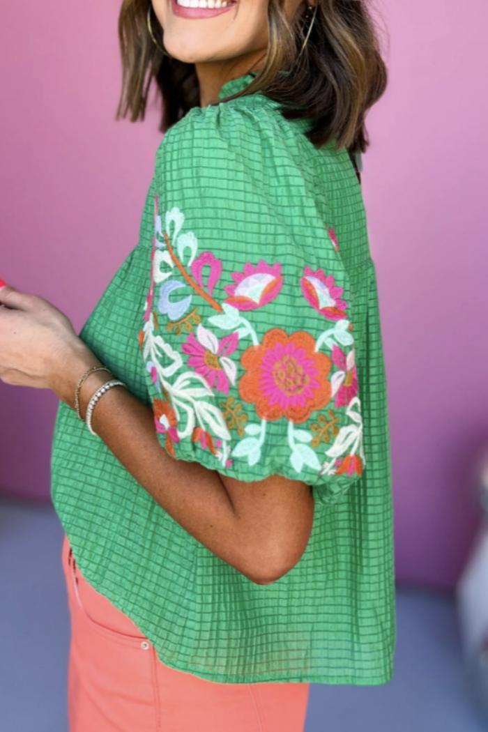 Embroidered Puff Sleeve V-Neck Top Product Image