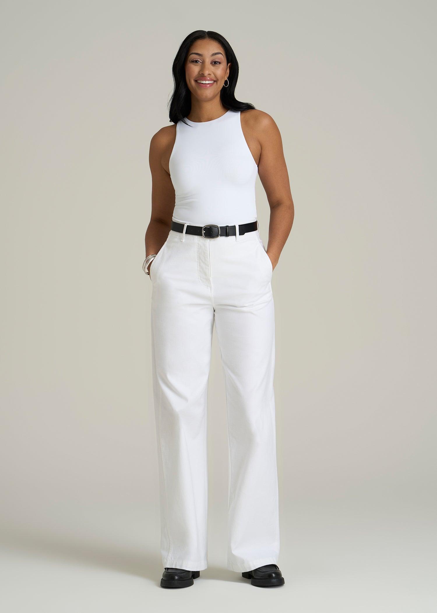 High-Rise Wide-Leg Flat-Front Chino Pants for Tall Women in White Product Image