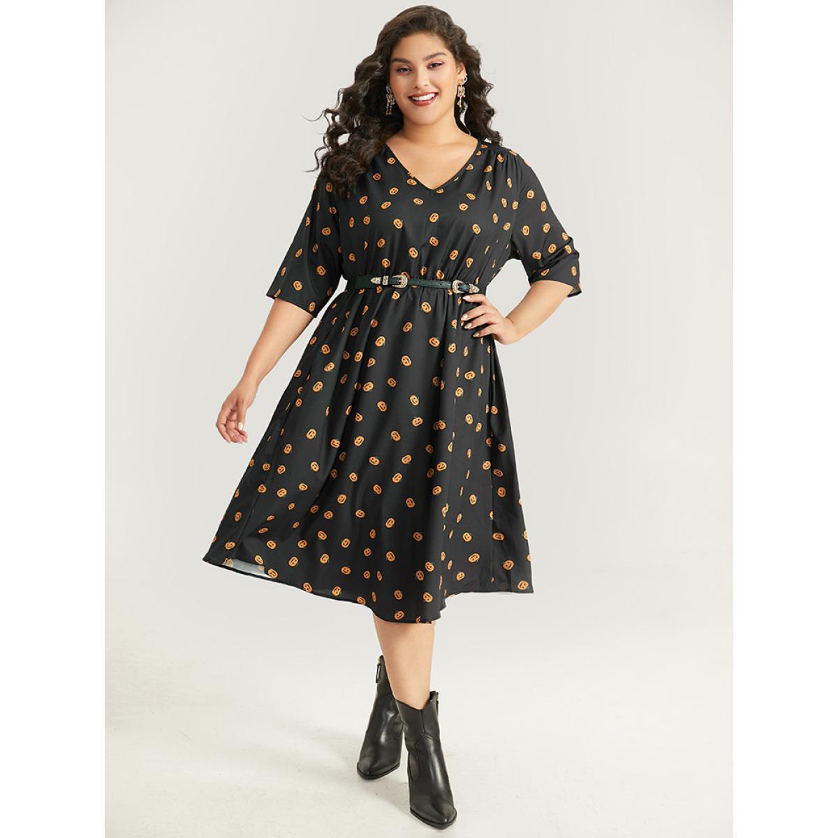 Plus Size Halloween Pumpkin Print Pocket Elastic Waist Dress Black Women Elegant Gathered V-neck Half Sleeve Curvy Midi Dress BloomChic 18-20/2X Product Image