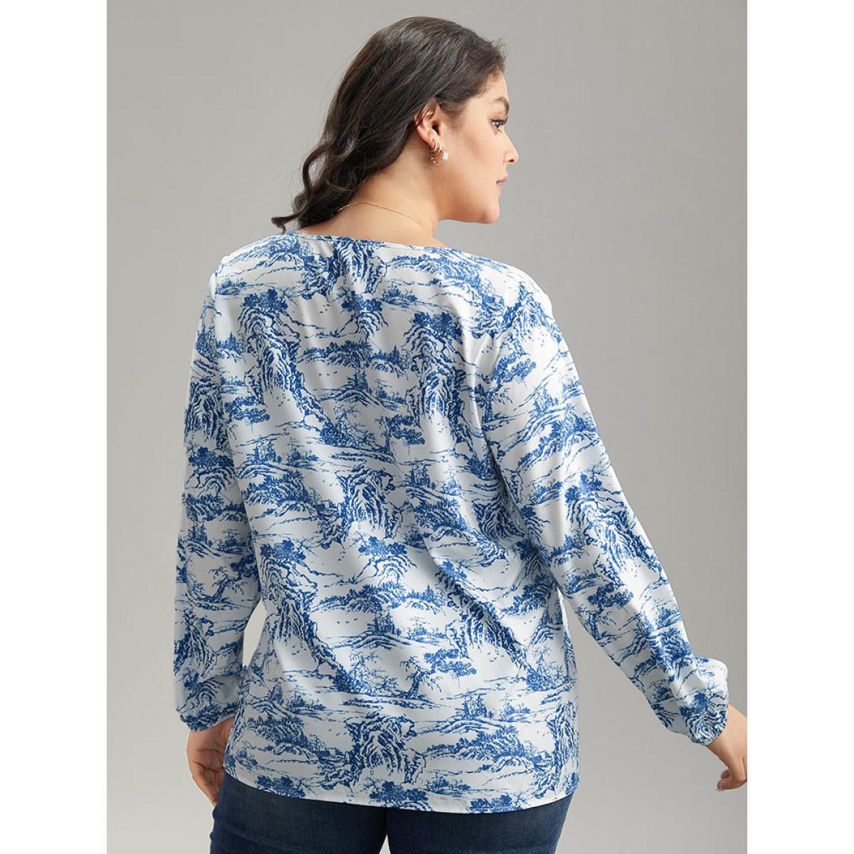 Plus Size Blue Landscape Print Tie Neck Blouse Women Elegant Long Sleeve Tie Neck Dailywear Blouses BloomChic 18-20/2X Product Image