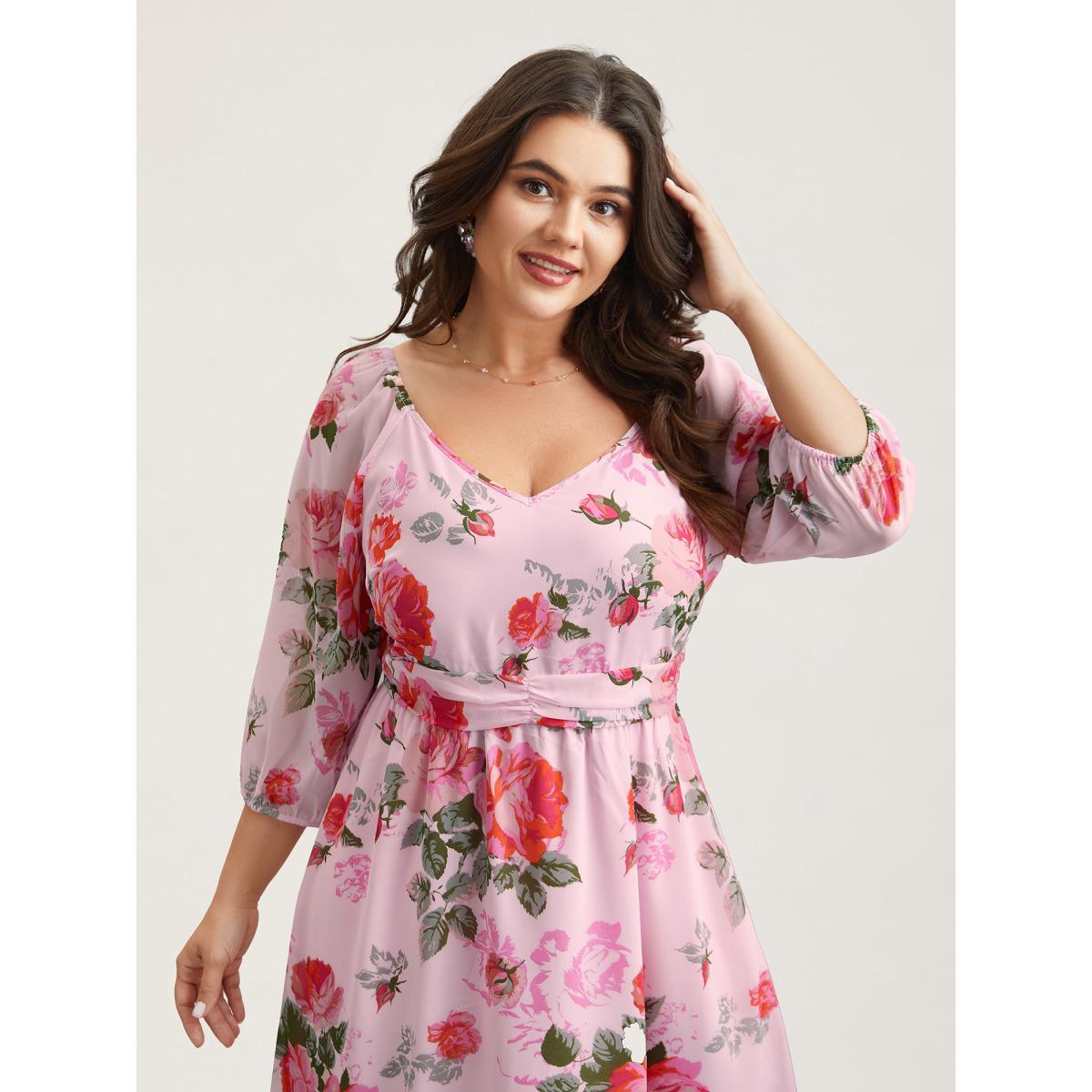 Plus Size Rosy Print Pockets Pleated Midi Dress MistyRose Women Elegant Gathered V-neck Elbow-length sleeve Curvy BloomChic 18-20/2X Product Image