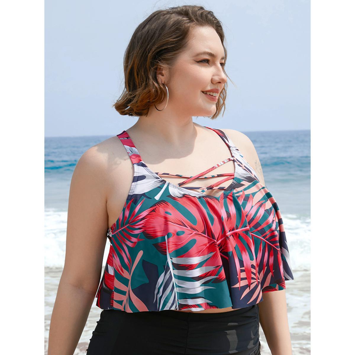 Plus Size Leaf Print Contrast Ruffle Crisscross Front Tankini Top Women's Swimwear Indigo Vacation Adjustable Straps High stretch Bodycon V-neck Curve Swim Tops BloomChic 10/M Product Image