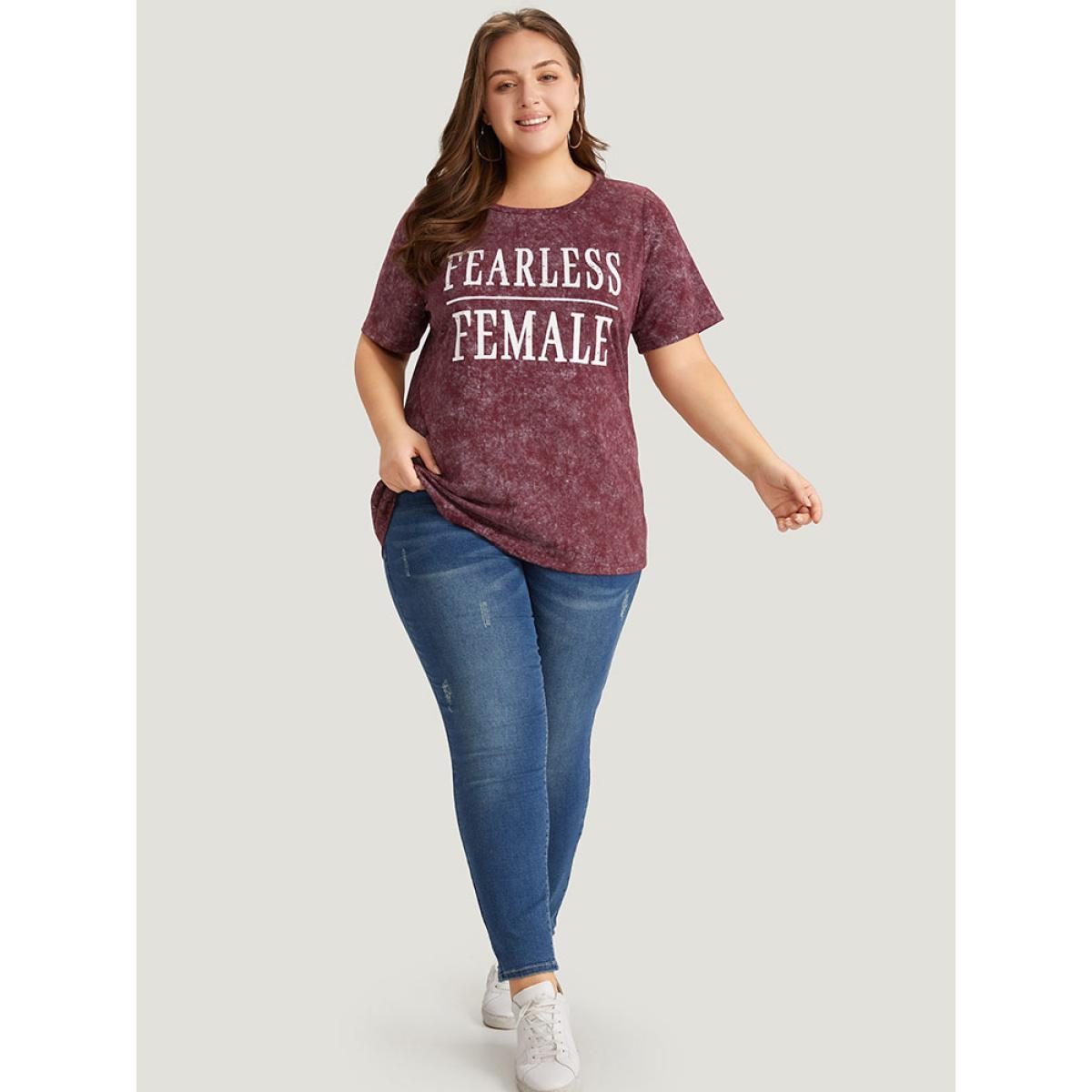 Plus Size Plain Letter Print Vintage T-shirt Burgundy Women Casual Printed Letter Dailywear T-shirts BloomChic 14-16/1X Product Image