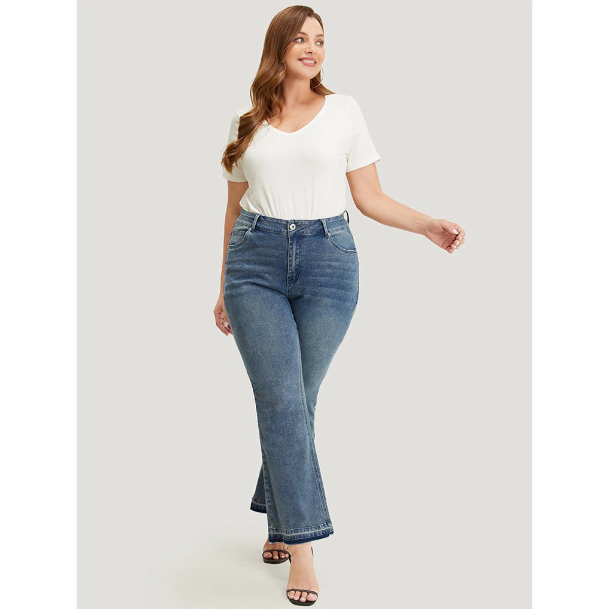 Plus Size Flare Leg Very Stretchy Medium Wash Contrast Hem Jeans Women LightBlue Casual Plain High stretch Pocket Jeans BloomChic 10/M Product Image