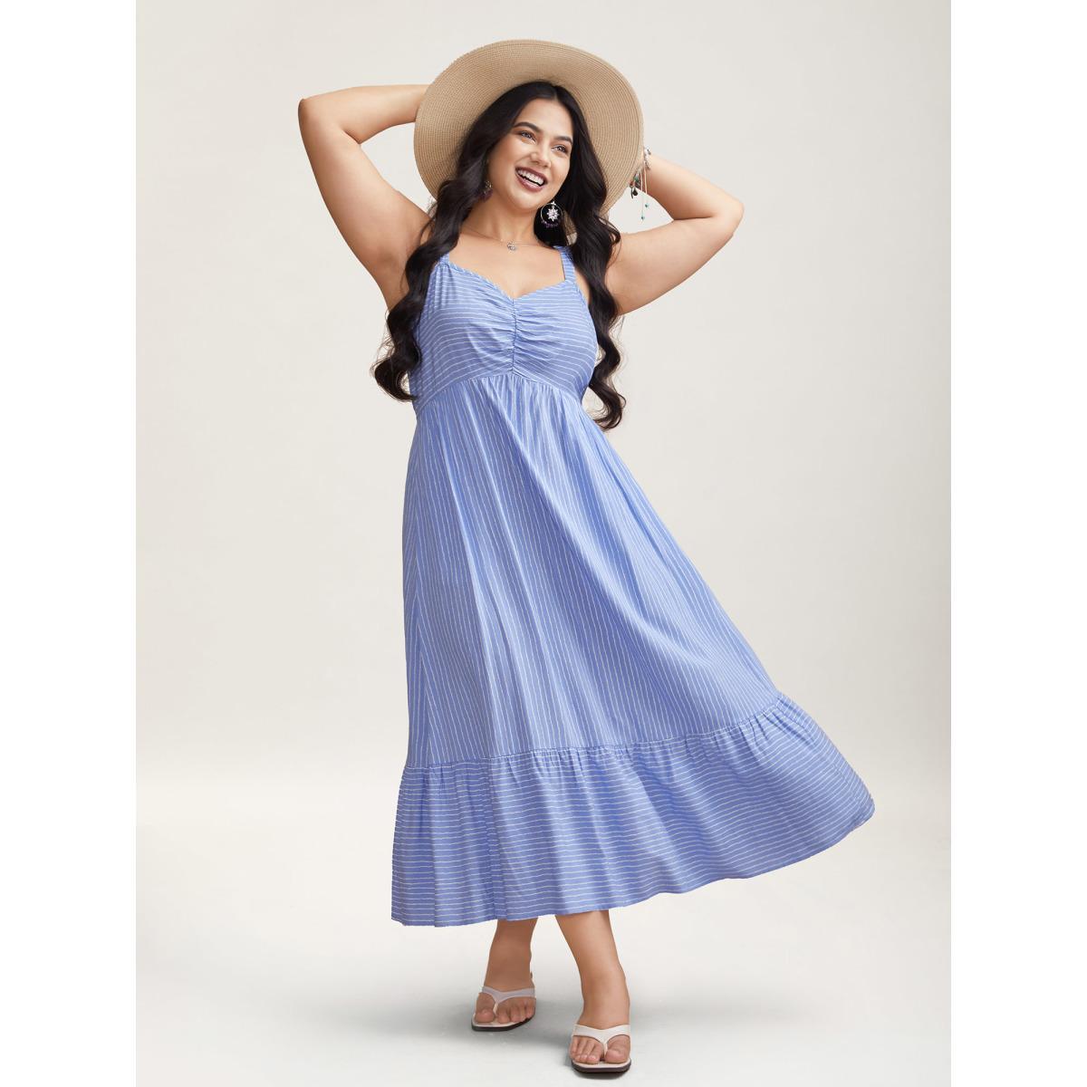 Plus Size Striped Smocked Tiered Maxi Dress LightBlue Women Resort Gathered V-neck Sleeveless Curvy BloomChic 18-20/2X Product Image