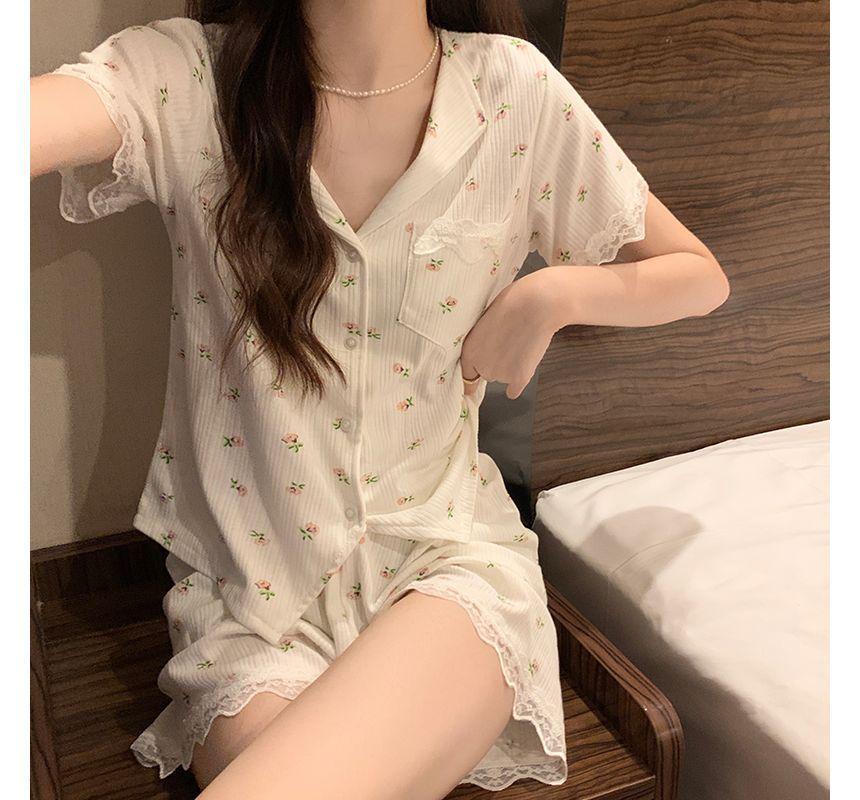 Pajama Set: Short-Sleeve Lace Trim Shirt + Shorts Product Image