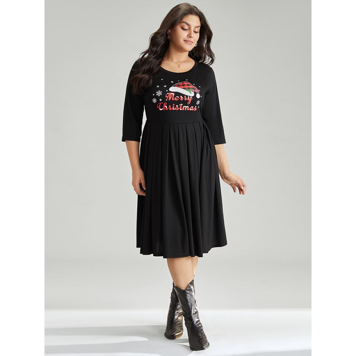 Plus Size Christmas Print Plicated Detail Elastic Waist Dress Black Women Casual Printed Curvy Midi Dress BloomChic 28/5X Product Image