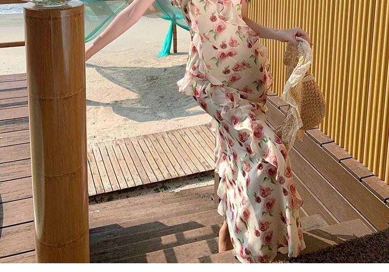Spaghetti Strap Floral Print Ruffle Maxi Sheath Dress Product Image