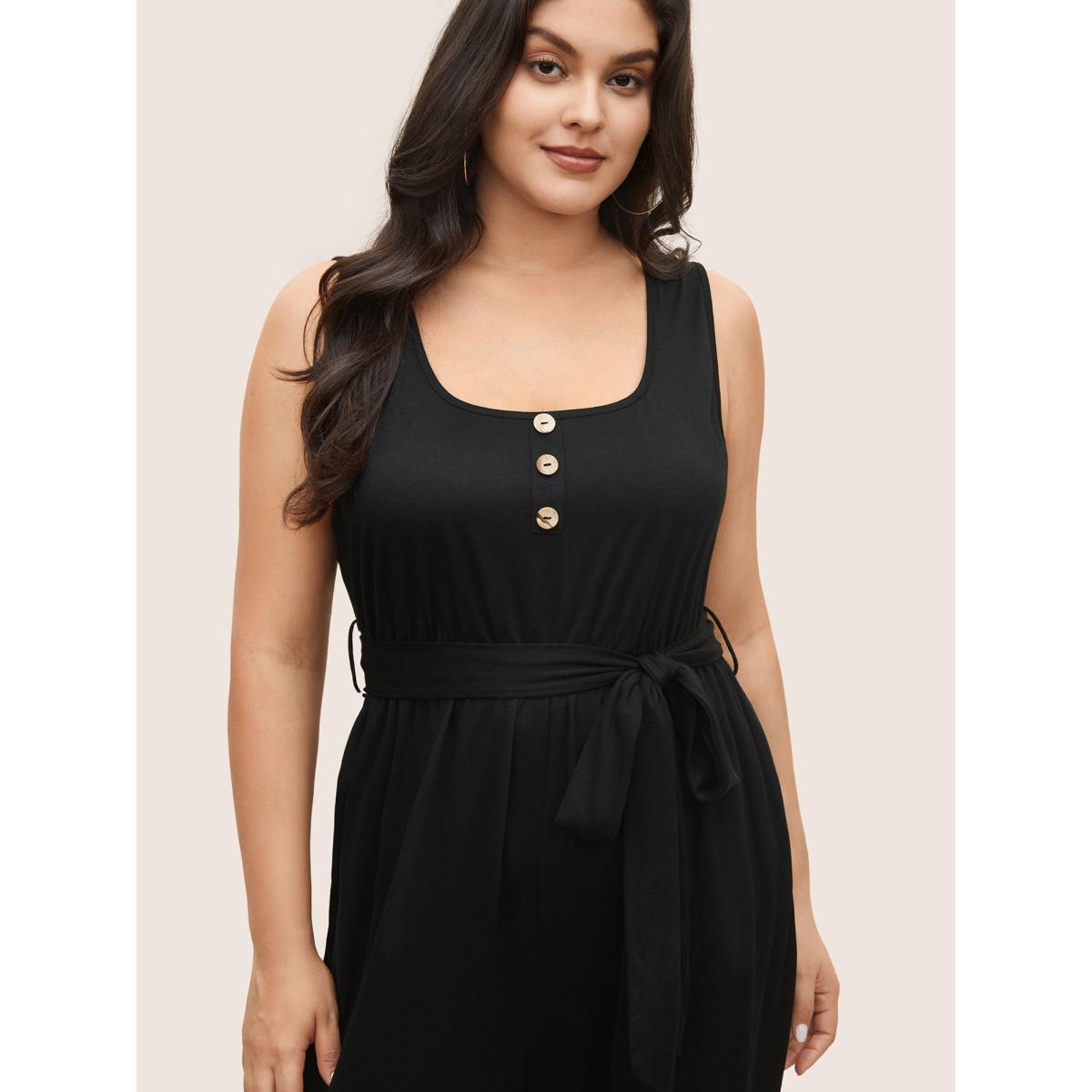 Plus Size Black Supersoft Essentials Plain Button Detail Belted Jumpsuit Women Casual Sleeveless Non Everyday Loose Jumpsuits BloomChic 26/4X Product Image