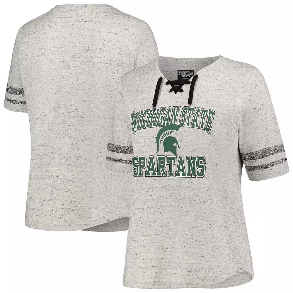 Women's Profile Heather Gray Michigan State Spartans Plus Size Striped Lace-Up T-Shirt, Size: 4XL, Grey Product Image