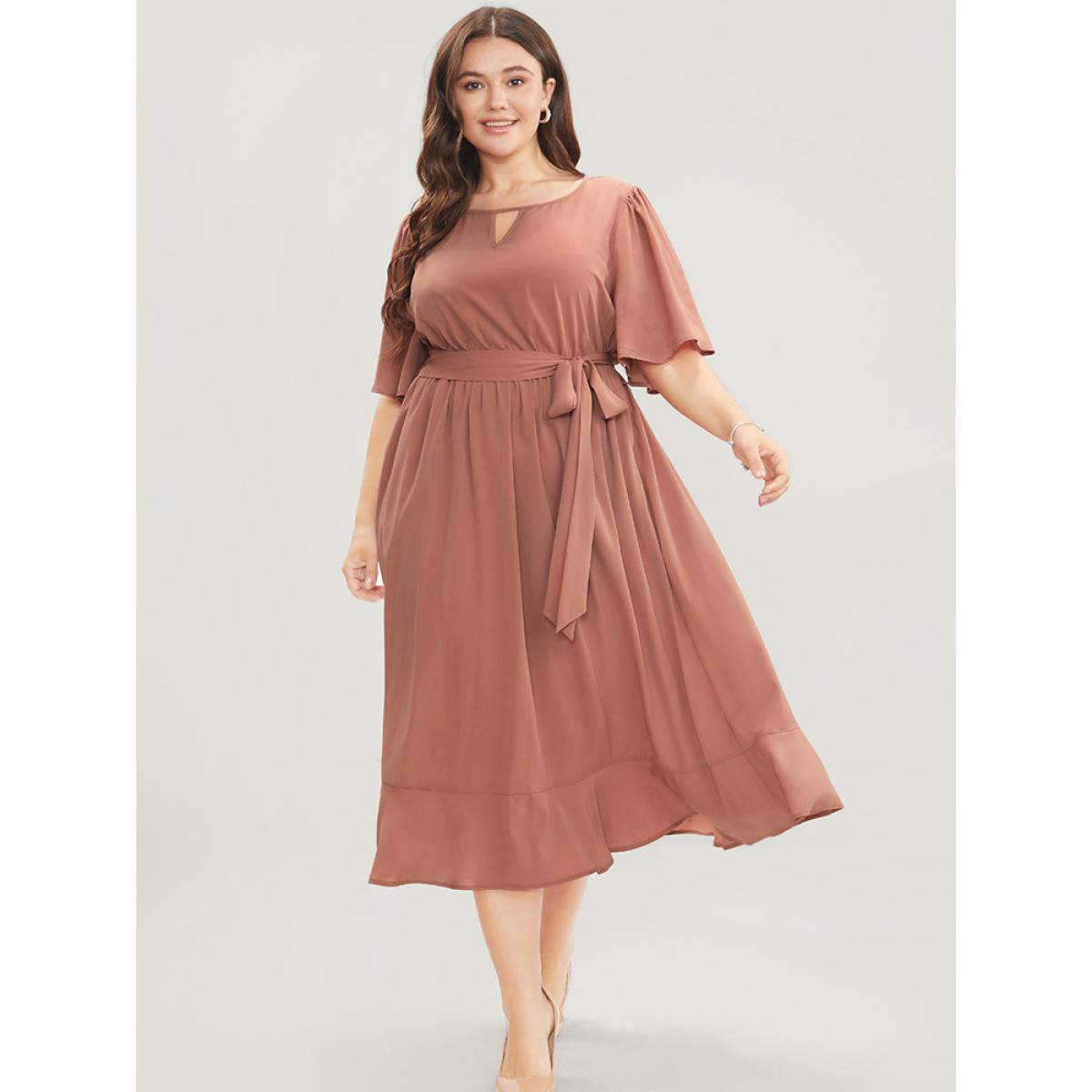 Plus Size Solid Keyhole Round Neck Pocket Belted Flutter Dress Salmon Women Office Belted Round Neck Half Sleeve Curvy Midi Dress BloomChic 12/L Product Image