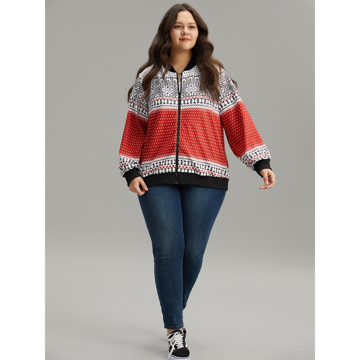 Plus Size Christmas Patchwork Zipper Contrast Jacket Women Red Elastic cuffs Dailywear Jackets BloomChic 18-20/2X Product Image