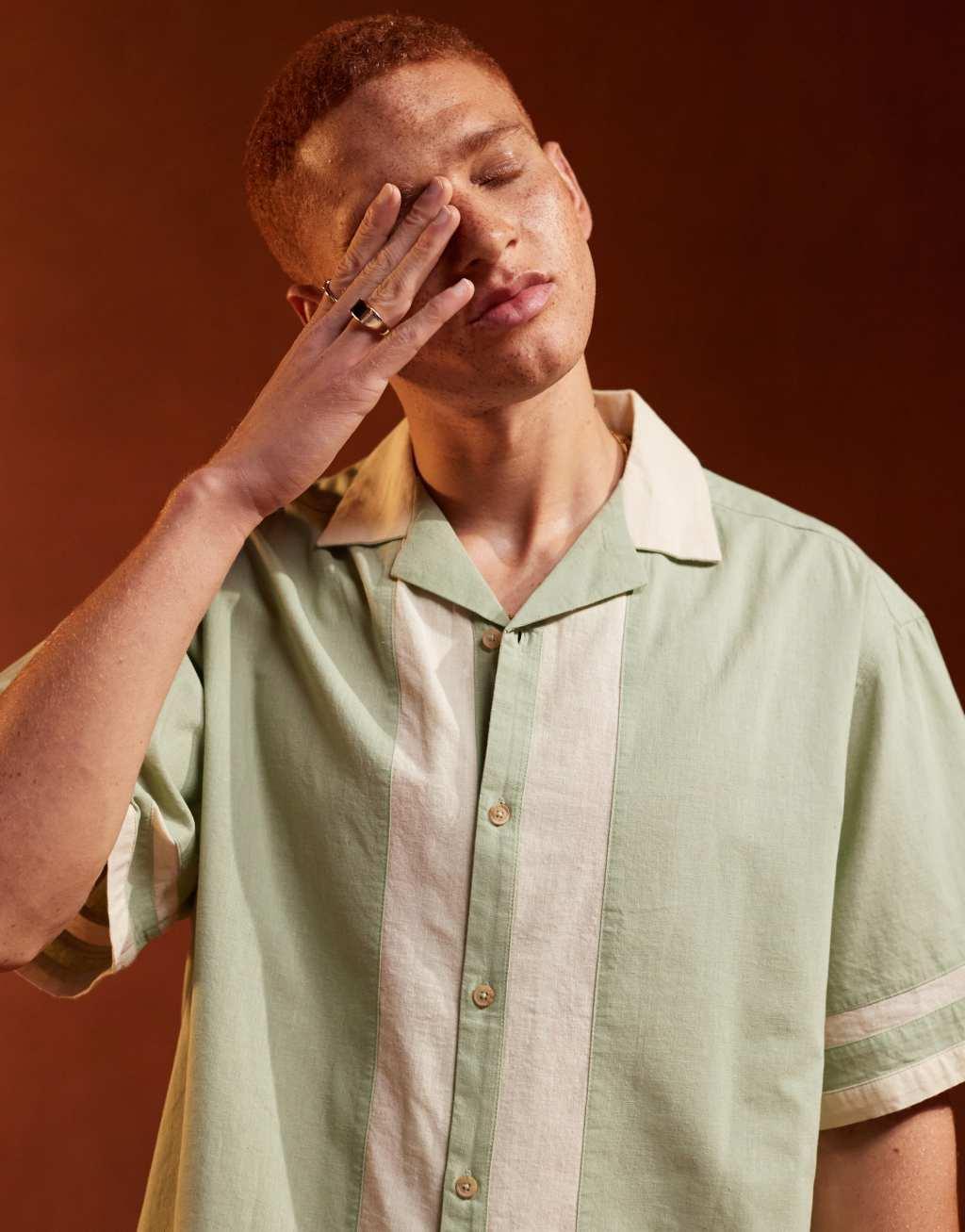 ASOS DESIGN oversized revere shirt in cut and sew in sage Product Image