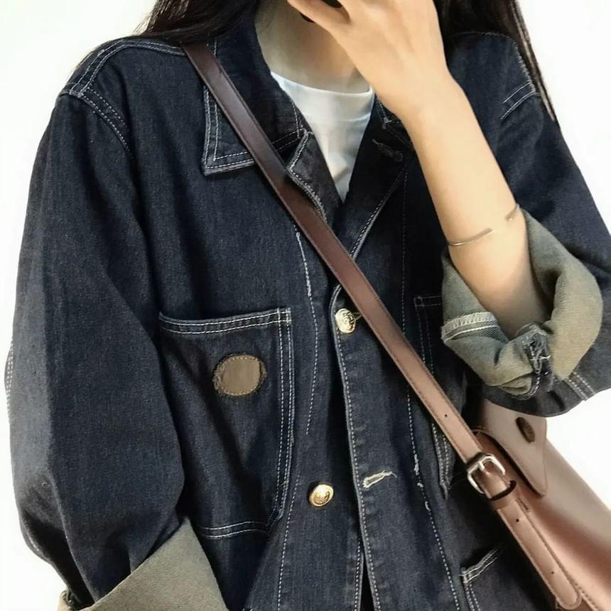 Collar Contrast  Stitching Denim Button Jacket Product Image