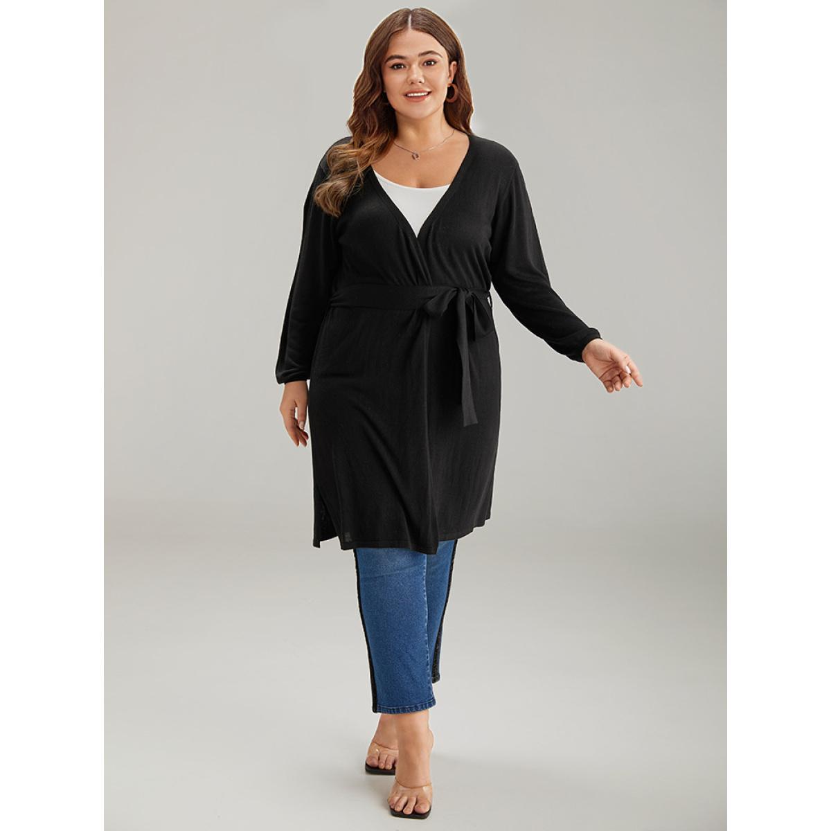 Plus Size Supersoft Essentials Ties Open Front Split Side Cardigan Black Women Casual Loose Long Sleeve Everyday Cardigans BloomChic 18-20/2X Product Image