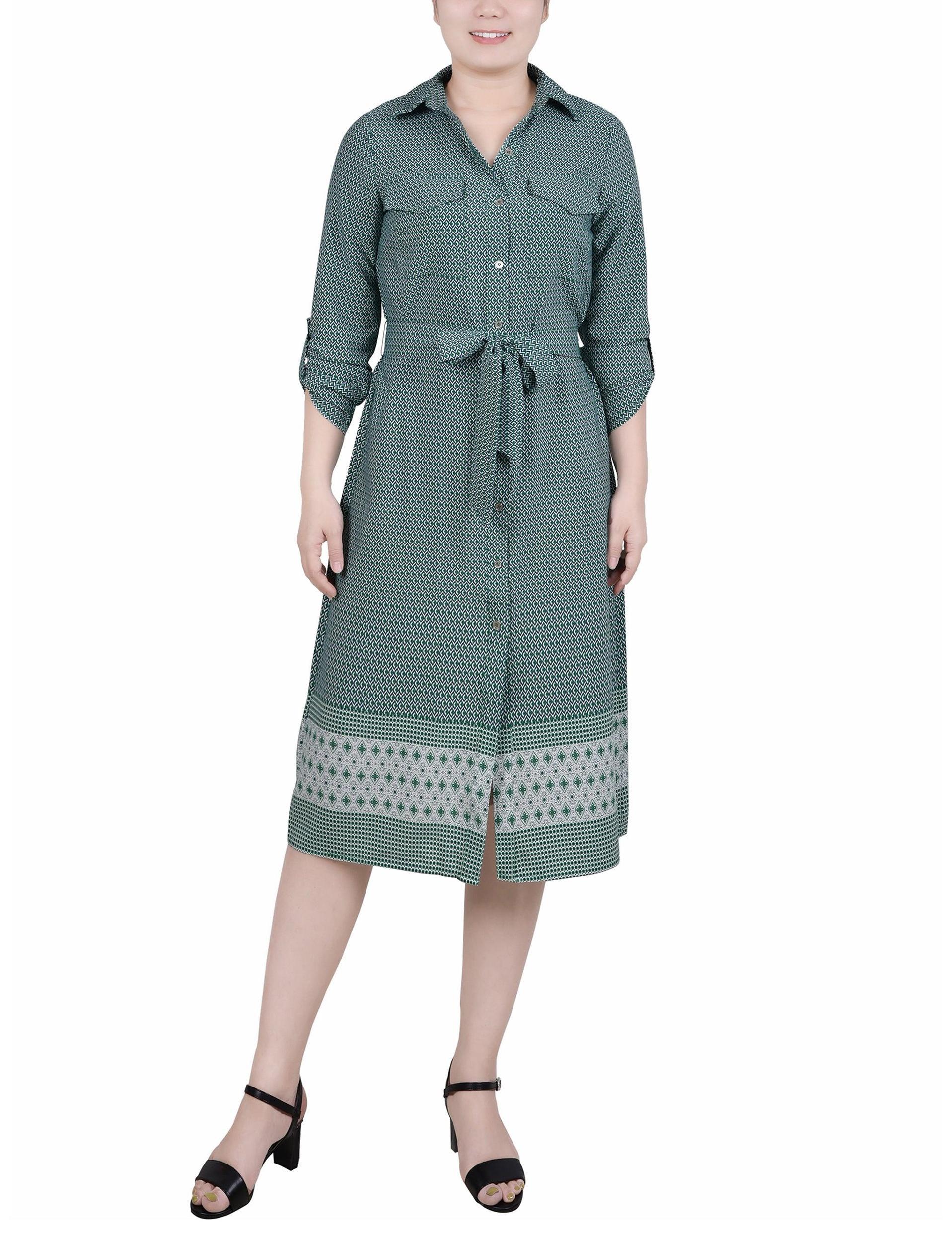 Cypress Inca Gold Navy Zigzag 3/4 Roll Tab Sleeve Belted Shirtdress - Petite Product Image
