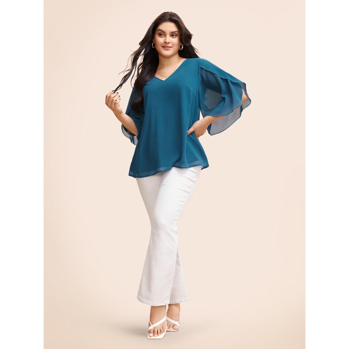 Plus Size Aegean Chiffon Gathered Petal Sleeve Blouse Women Elegant Elbow-length sleeve V-neck Everyday Blouses BloomChic 30/6X Product Image