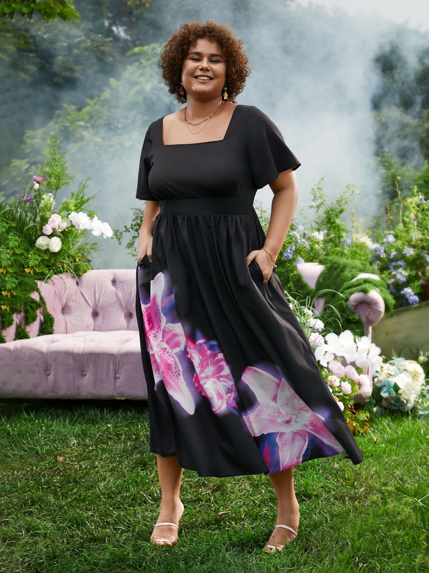Plus Size Lily Print Square Neck Ruffle Sleeve Midi Dress Black Women Elegant Gathered Square Neck Short sleeve Curvy BloomChic 12/L Product Image