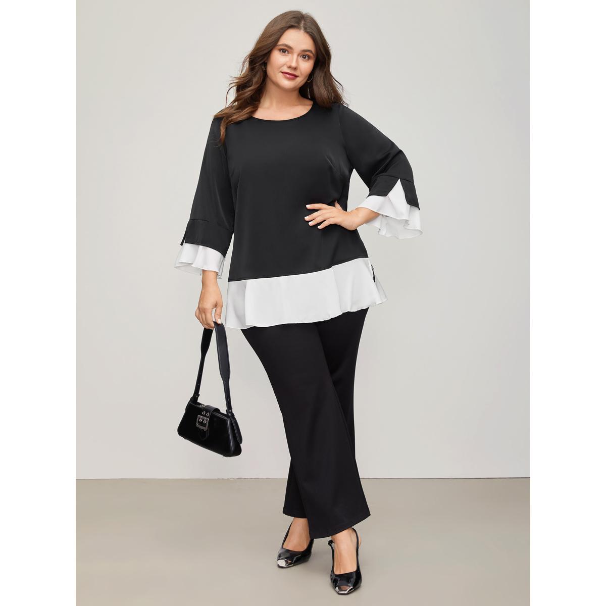 Plus Size Black Contrast Patchwork Bell Sleeve Blouse Women Elegant Elbow-length sleeve Round Neck Everyday Blouses BloomChic 30/6X Product Image