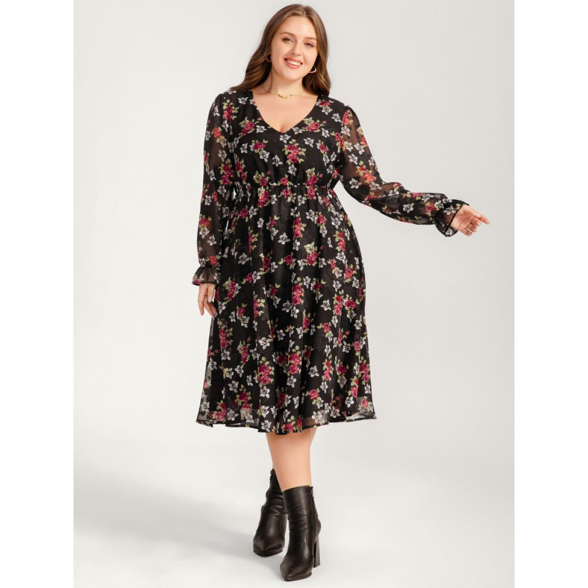 Plus Size Floral Mesh Lantern Sleeve Pocket Flutter Dress Black Women Dating V-neck Long Sleeve Curvy Midi Dress BloomChic 30/6X Product Image