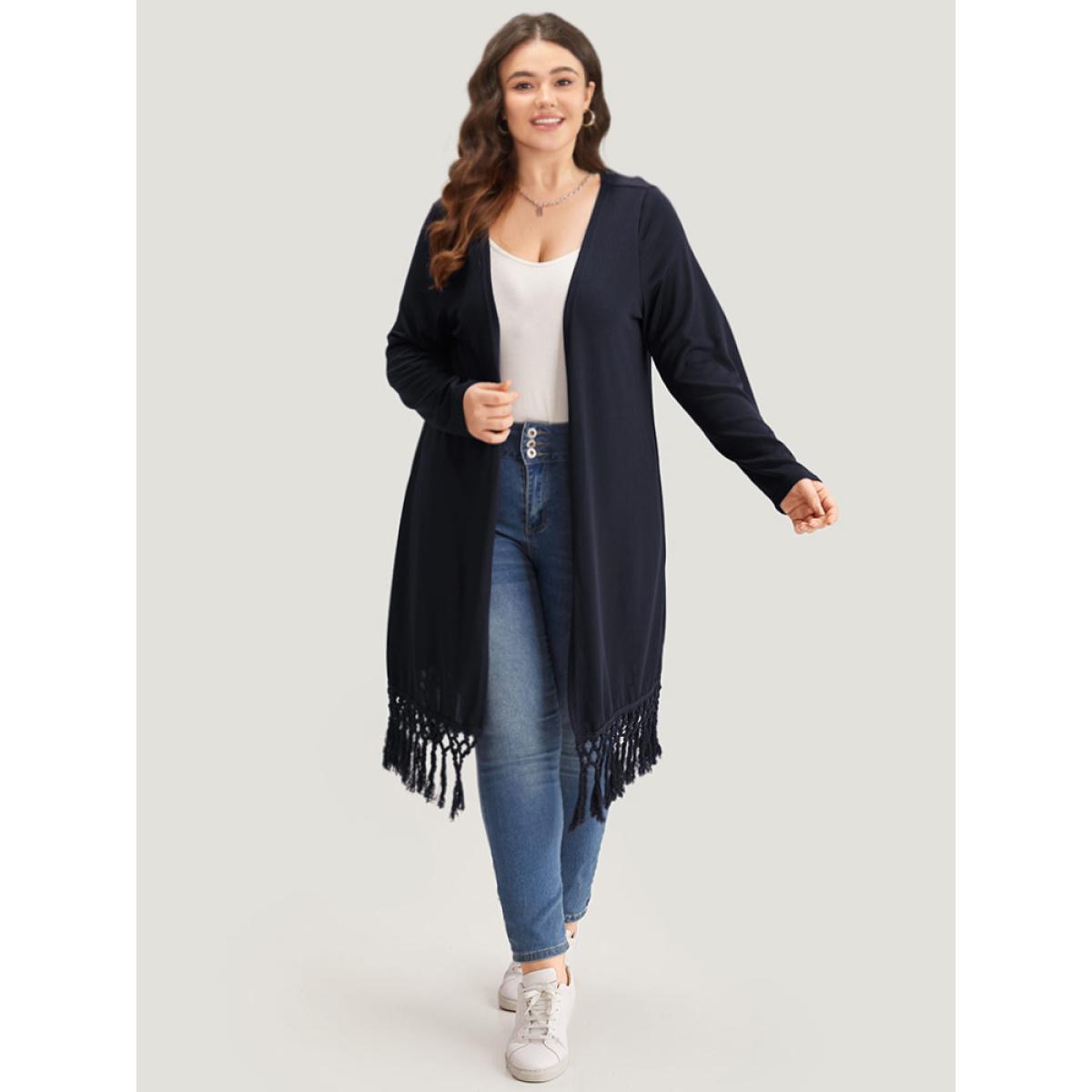 Plus Size Plain Patchwork Open Front Tassel Trim Kimono Women DarkBlue Casual Tassels Dailywear Kimonos BloomChic 14-16/1X Product Image